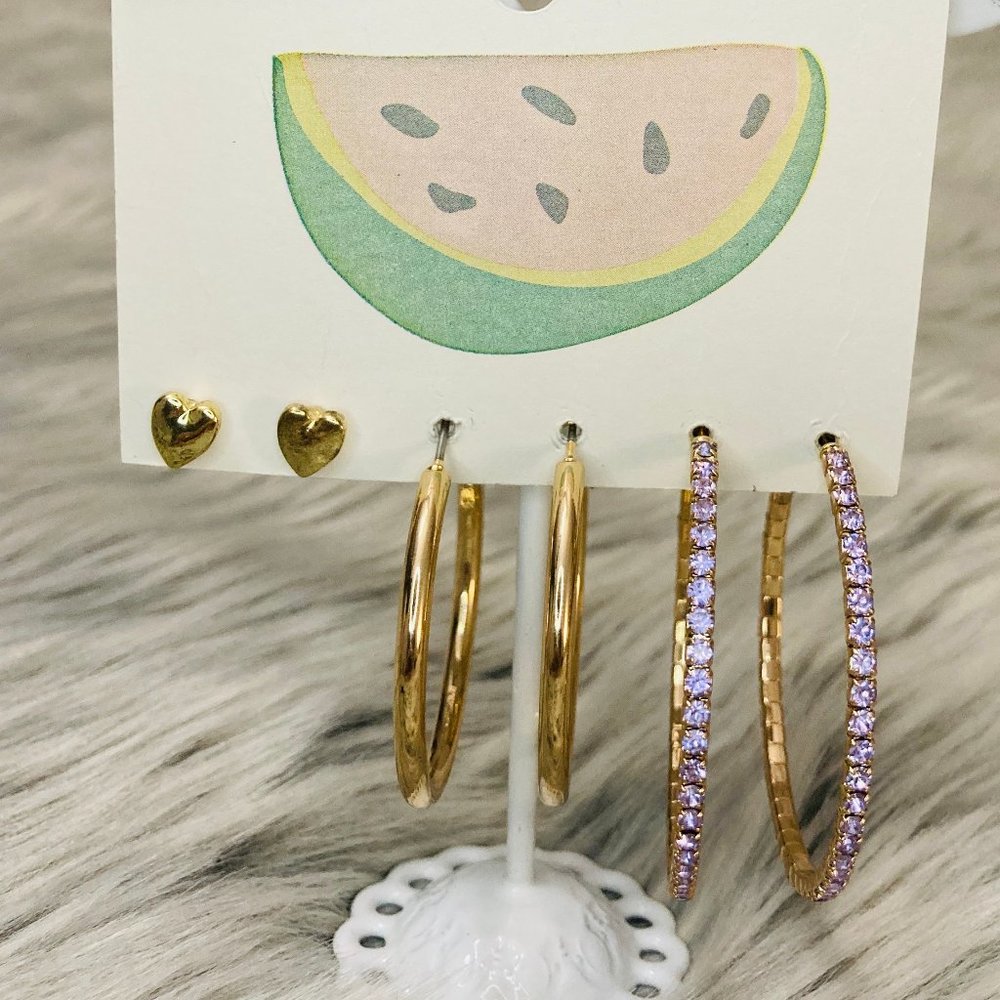 Gold Simulated Crystal Hoop earrings set - Picture 2 of 7